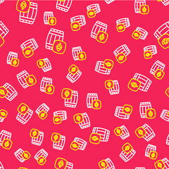 Line Wooden barrel icon isolated seamless pattern on red background. Alcohol barrel, drink container, wooden keg for beer, whiskey, wine. Vector