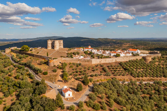 Aerial view of Evoramonte castle, a fort on hilltop, Evora, Portugal.