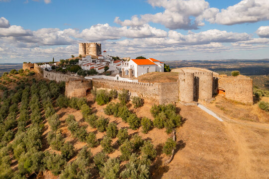 Aerial view of Evoramonte castle, a fort on hilltop, Evora, Portugal.