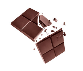 Bar of dark chocolate broken into two halves in the air on a white background