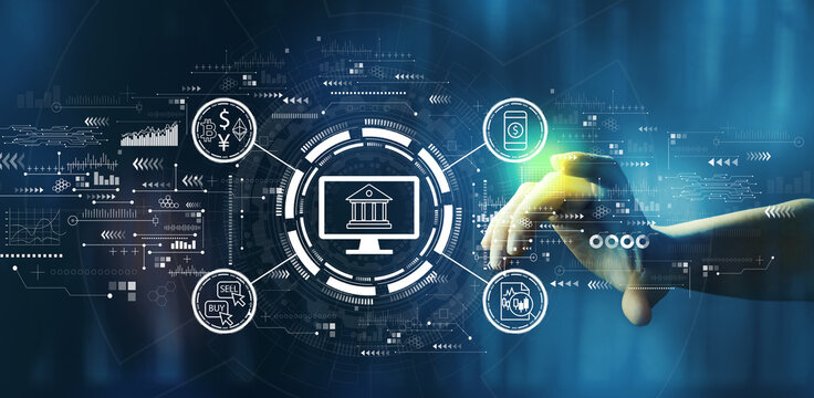 Cryptocurrency fintech theme with hand pressing a button on a technology screen