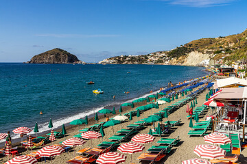 View of Maronti beach, the largest beach on Ischia popular summer holidays destination, Italy