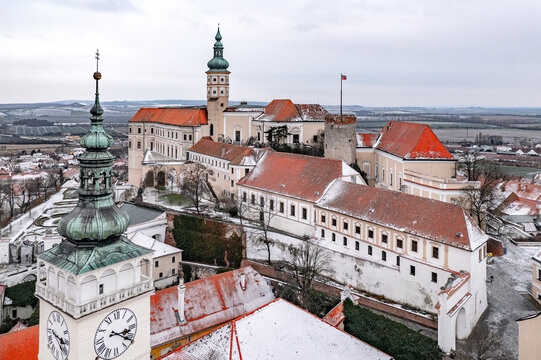 Aerial view of Zamek Mikulov palace, a restored castle in Mikulov, Czech Republic.