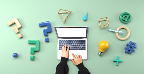 Question marks and geometric shapes with person using a laptop computer from above