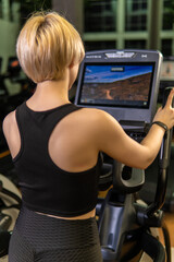 Elliptical trainer young training health, from female workout in running healthy learning, class one. Fitness cycle living, equipment