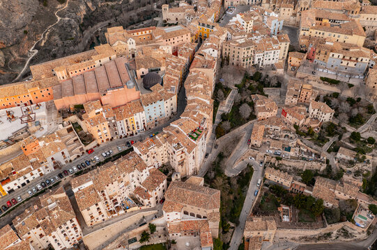 Aerial view of Cuenca, a small town built on the rocks in Spain.