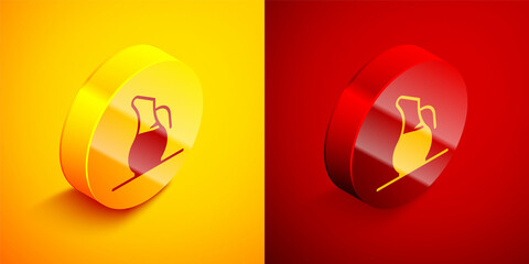 Isometric Decanter for wine icon isolated on orange and red background. Circle button. Vector