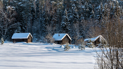 Rural landscape with village huts covered with white snow in winter.