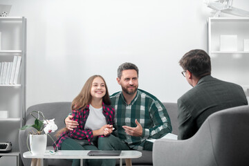 Psychology, mental family therapy, psychologist with father and daughter at psychotherapy session on psychological consultation. Parents telling the psychologist about family or child problems.