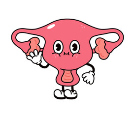 Cute funny uterus waving hand character. Vector hand drawn traditional cartoon vintage, retro, kawaii character illustration icon. Isolated on white background. Uterus character concept