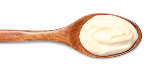 Wooden spoon with mayonnaise isolated on white, top view