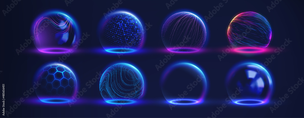 Wall mural Sphere shield abstract energy protection spheres. Force field defence globe shell. Dome barrier technology vector set.