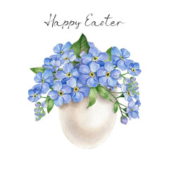 Composition with easter egg and blue flower bouquet.Spring Easter postcard in vintage style