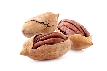 Pecan nuts in closeup isolated on white background.