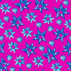 Obraz premium Pencil drawn blue stars clip art, hand drawn starry pattern, drawn blue stars background, shining, isolated, kids pattern, cosmic, violet background