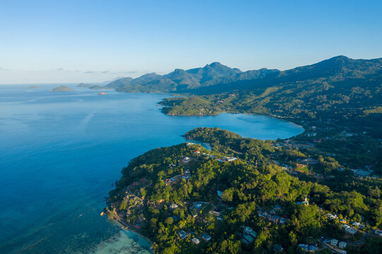 Panoramic aerial view of the endless coastline near Anse a La Mouche, Anse Boileau, Seychelles.