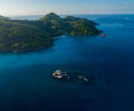 Panoramic aerial view of the endless coastline near Anse a La Mouche, Anse Boileau, Seychelles.