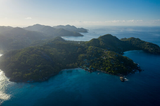 Panoramic aerial view of beautiful coastline during a beautiful day near Grand'Anse Mah&eacute;, Seychelles.