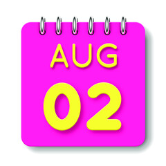 02 day of the month. August. Cute calendar daily icon. Date day week Sunday, Monday, Tuesday, Wednesday, Thursday, Friday, Saturday. Neon yellow. Pink Paper. White background.