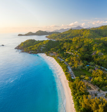 Aerial view of Anse Intendance beach along the coast near Takamaka, Seychelles.