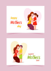 Mother’s day greeting cards with lettering.  Son and daughter congratulate their mother. Children's love to their mother. Isolated vector illustrations for postcard, card, poster, banner in flat style