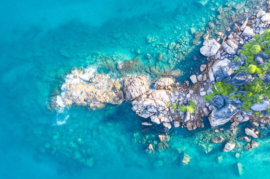 Aerial view of rocky coastline near Anse Lazio beach, Grand Anse, Seychelles.