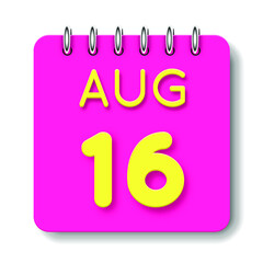 16 day of the month. August. Cute calendar daily icon. Date day week Sunday, Monday, Tuesday, Wednesday, Thursday, Friday, Saturday. Neon yellow. Pink Paper. White background.