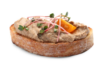 Slice of bread with delicious pate, tomato and microgreens isolated on white