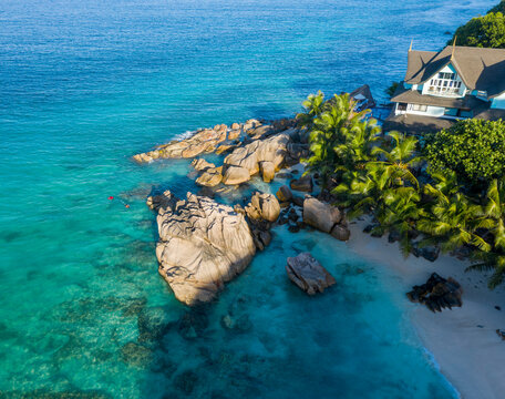 Aerial view of a building along the coast at Anse Severe, La Digue and Inner Islands, Seychelles.