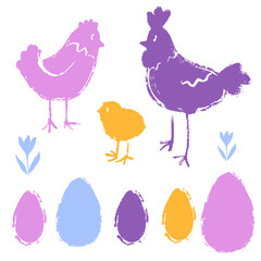 Easter set with hens, rooster and chicken. Colorful cute silhouette. Vector illustration.