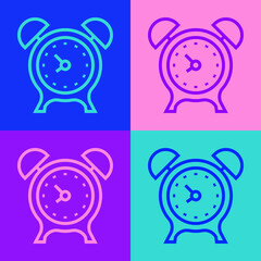 Pop art line Alarm clock icon isolated on color background. Wake up, get up concept. Time sign. Vector