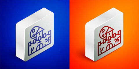 Isometric line Castle icon isolated on blue and orange background. Medieval fortress with a tower. Protection from enemies. Reliability and defense of the city. Silver square button. Vector
