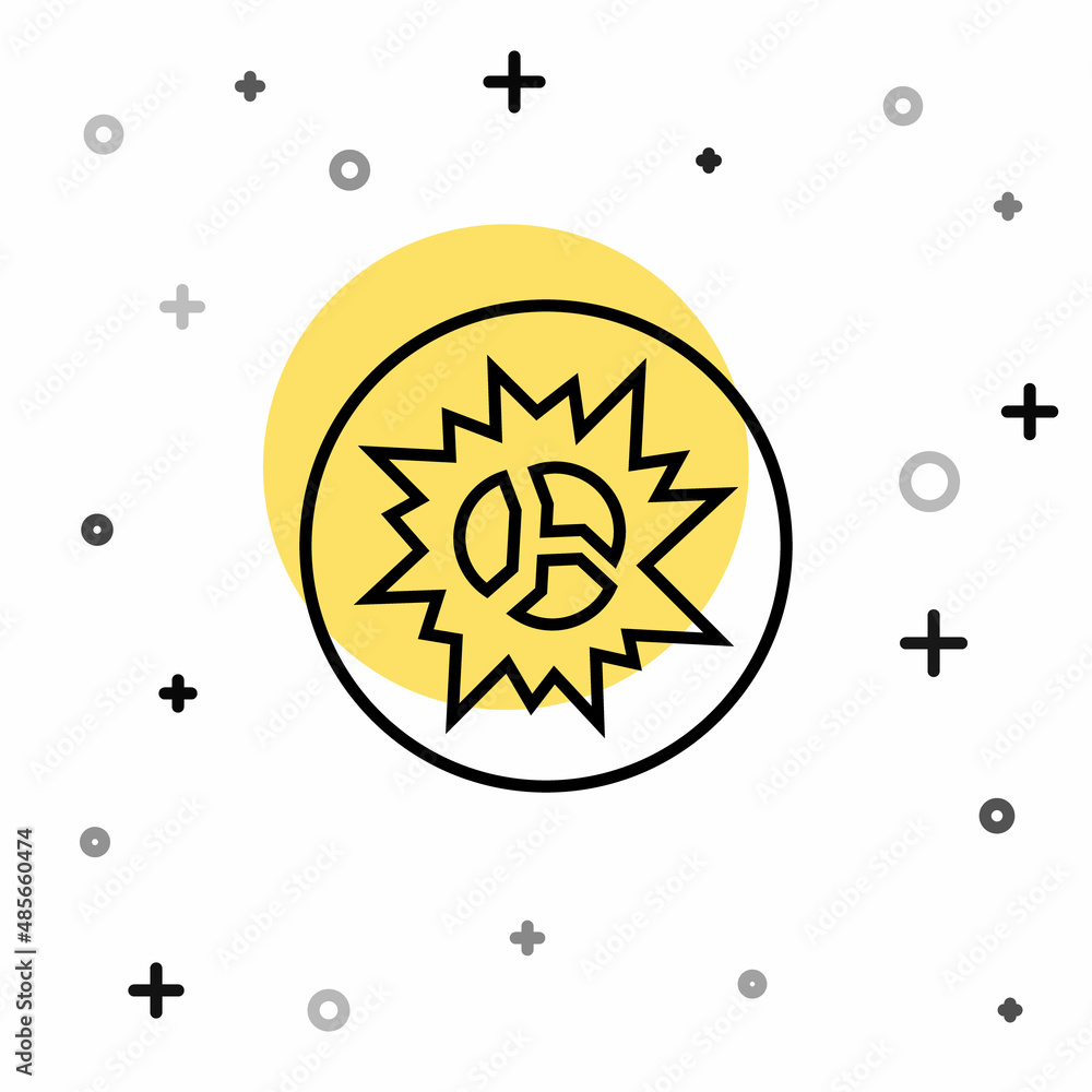 Poster black line bomb explosion with shrapnel and fireball icon isolated on white background. random dynam