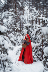 Girl in a red coat in the winter forest. Fairytale heroine. Winter story.