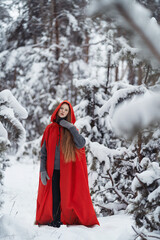 Girl in a red coat in the winter forest. Fairytale heroine. Winter story.