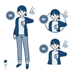 ひとつ結びヘアーの女性が抗議・ブーイングしているイラスト