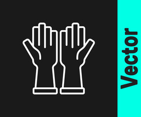 White line Rubber gloves icon isolated on black background. Latex hand protection sign. Housework cleaning equipment symbol. Vector