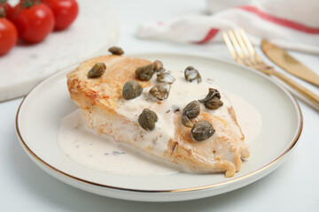 Delicious chicken fillet with capers and sauce served on white table, closeup