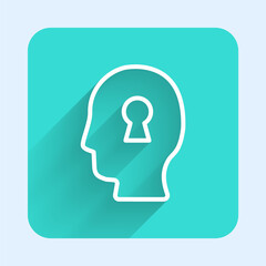 White line Solution to the problem in psychology icon isolated with long shadow background. Key. Therapy for mental health. Green square button. Vector