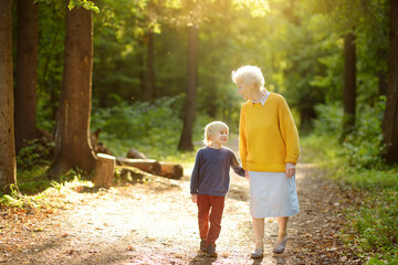 Fototapeta premium Elderly grandmother and her little grandchild walking together in sunny summer park. Friendship of grandma and grandson.
