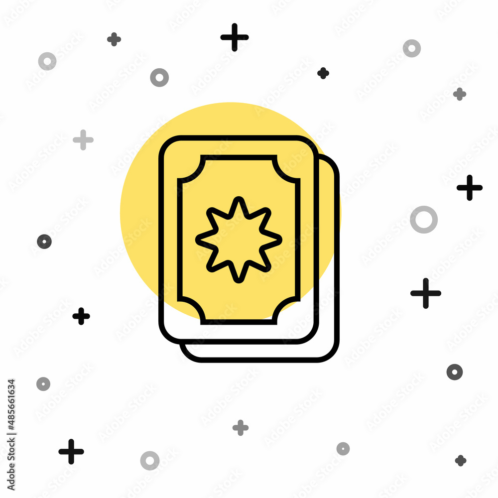 Sticker Black line Tarot cards icon isolated on white background. Magic occult set of tarot cards. Random dynamic shapes. Vector