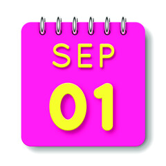 01 day of the month. September. Cute calendar daily icon. Date day week Sunday, Monday, Tuesday, Wednesday, Thursday, Friday, Saturday. Neon yellow. Pink Paper. White background.