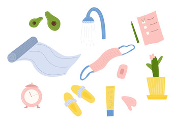 Vector set with items for the morning routine. Yoga mat, breakfast, alarm clock, slippers, shower and washcloth, toothbrush. Items for diary in flat style isolated on white background.