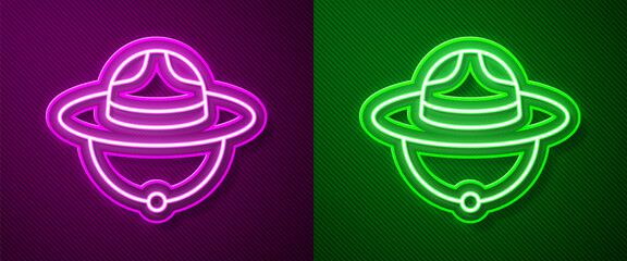 Glowing neon line Canadian ranger hat uniform icon isolated on purple and green background. Vector