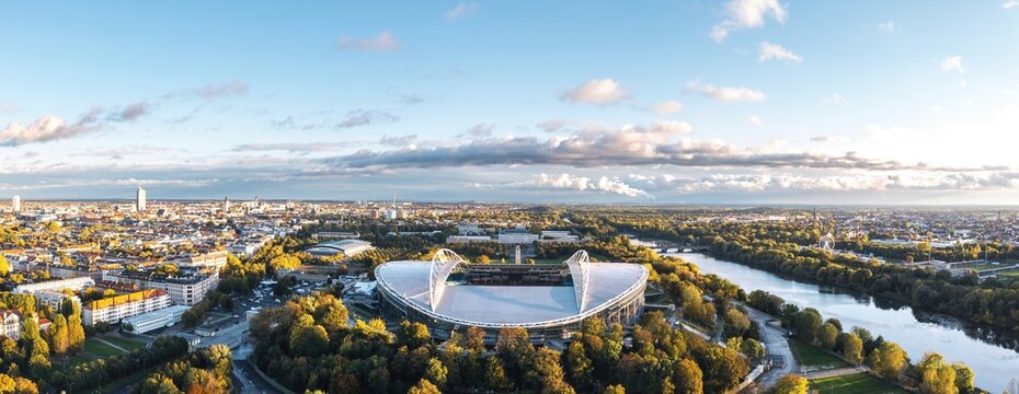 Leipzig, Saxony, Germany - October 2021: Ultra wide panoramic aerial view over Red Bull Arena, home stadium of football club RB (Red Bull) Leipzig