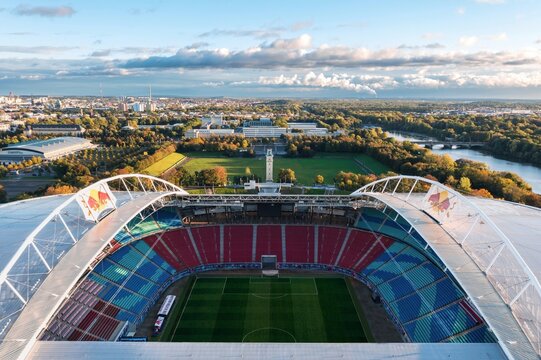 Leipzig, Saxony, Germany - October 2021: Aerial view on the field of Red Bull Arena, home stadium of football club RB (Red Bull) Leipzig