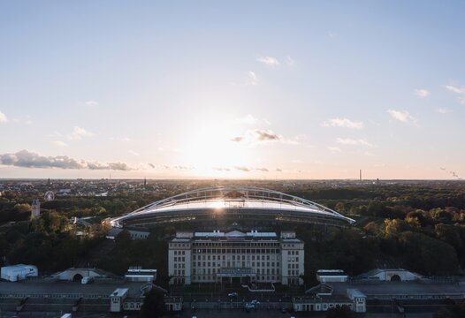 Leipzig, Saxony, Germany - October 2021: Aerial sunset view over Red Bull Arena, home stadium of football club RB (Red Bull) Leipzig