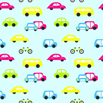 seamless pattern, stylized retro cars in blue on a light blue background, vector