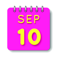 10 day of the month. September. Cute calendar daily icon. Date day week Sunday, Monday, Tuesday, Wednesday, Thursday, Friday, Saturday. Neon yellow. Pink Paper. White background.