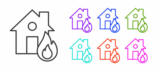 Black line Fire in burning house icon isolated on white background. Set icons colorful. Vector
